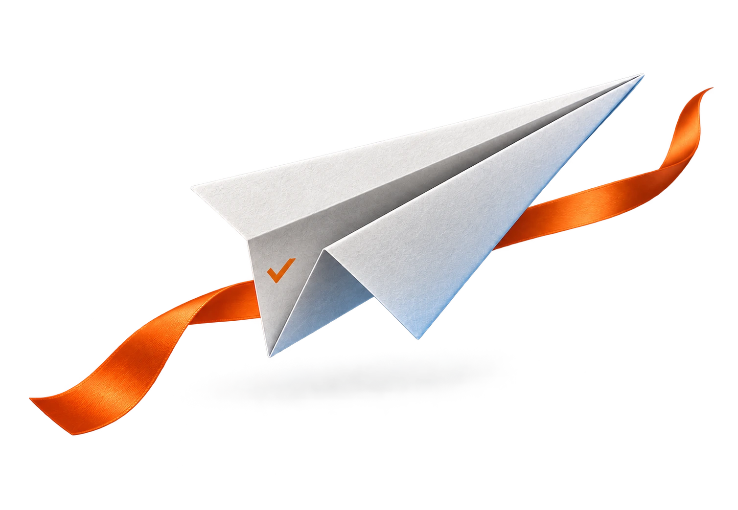 Paper plane with an orange ribbon and check mark.